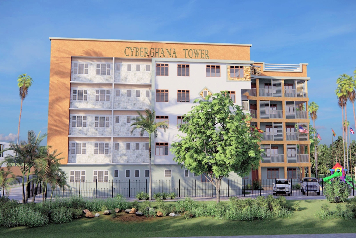 Cyberghana Tower modern school building design with palm trees