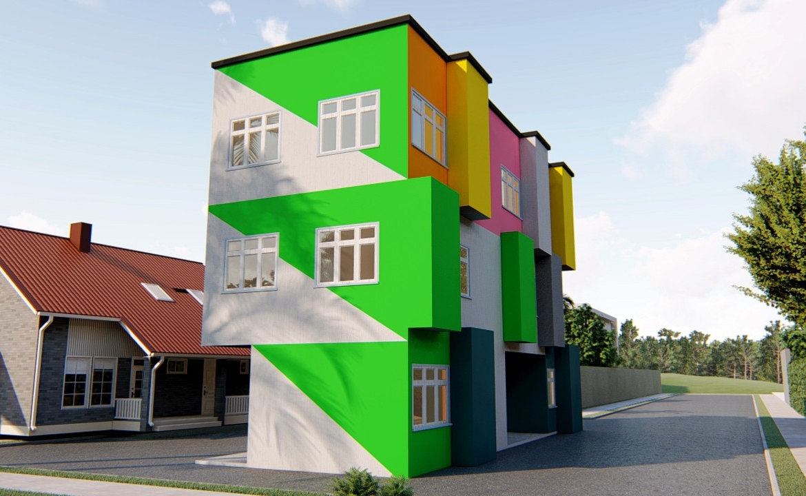 Colorful modern preschool building design with vibrant geometric patterns