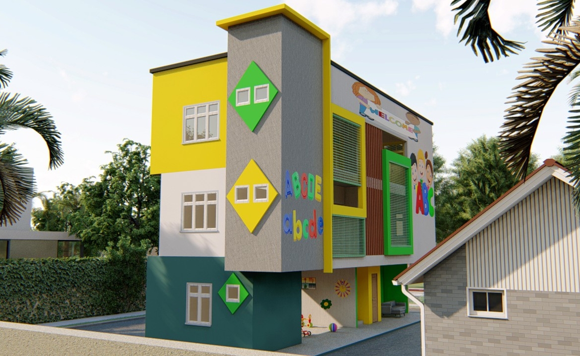 Colorful preschool building design with vibrant facade