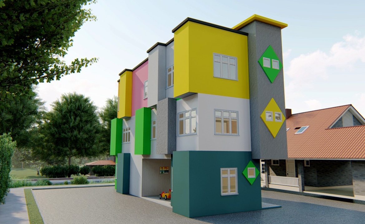 Modern preschool building design with colorful facade and play area