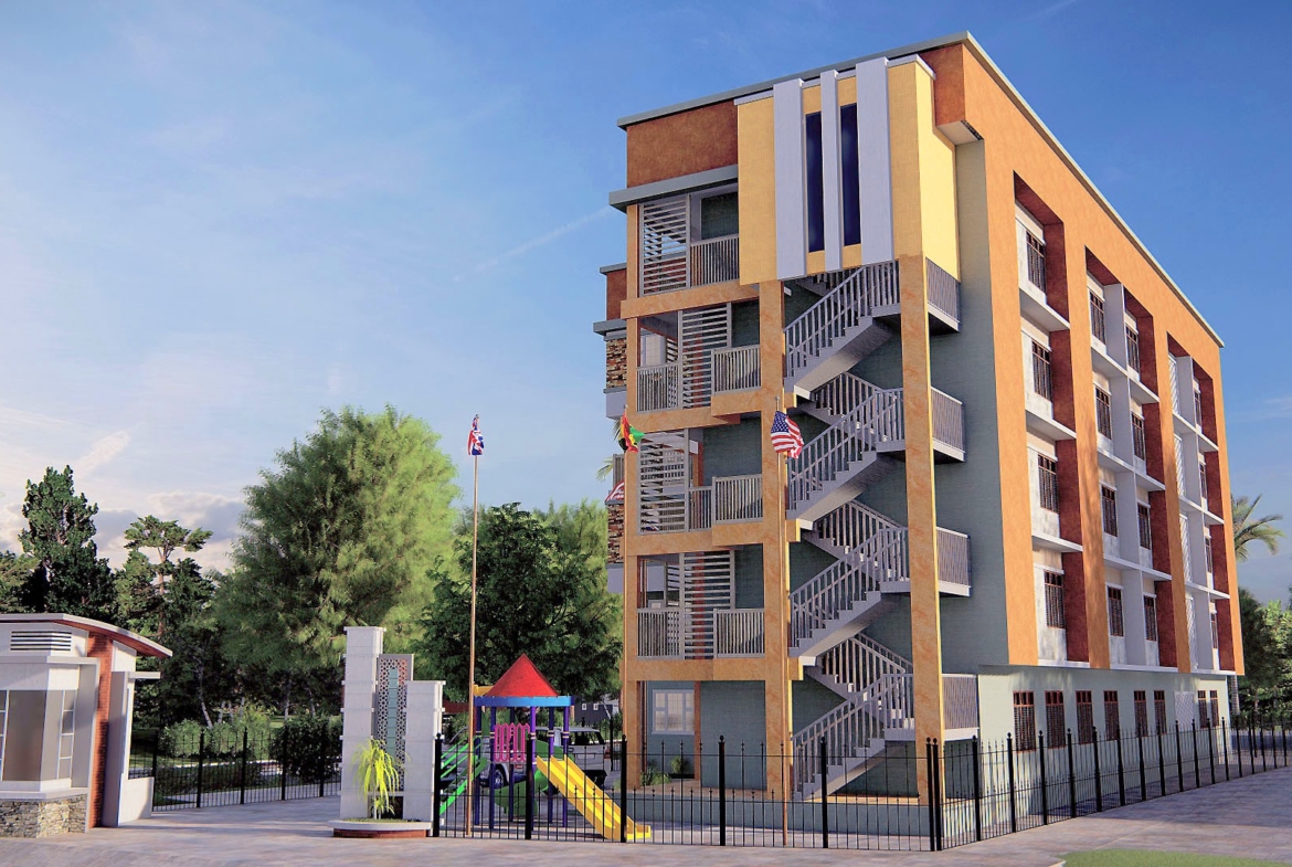 Modern multi-story school building with playground, showcasing school design ideas
