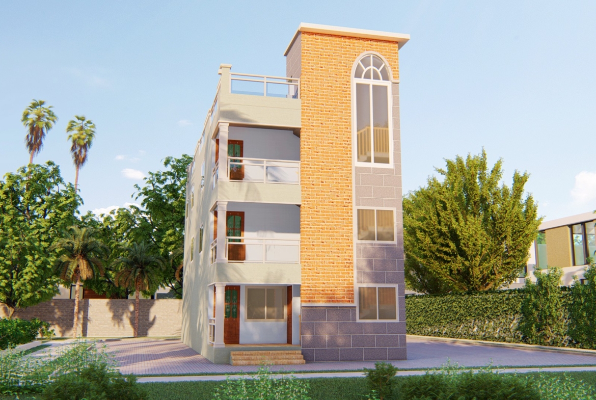 Modern 3-story apartment building design with palm trees
