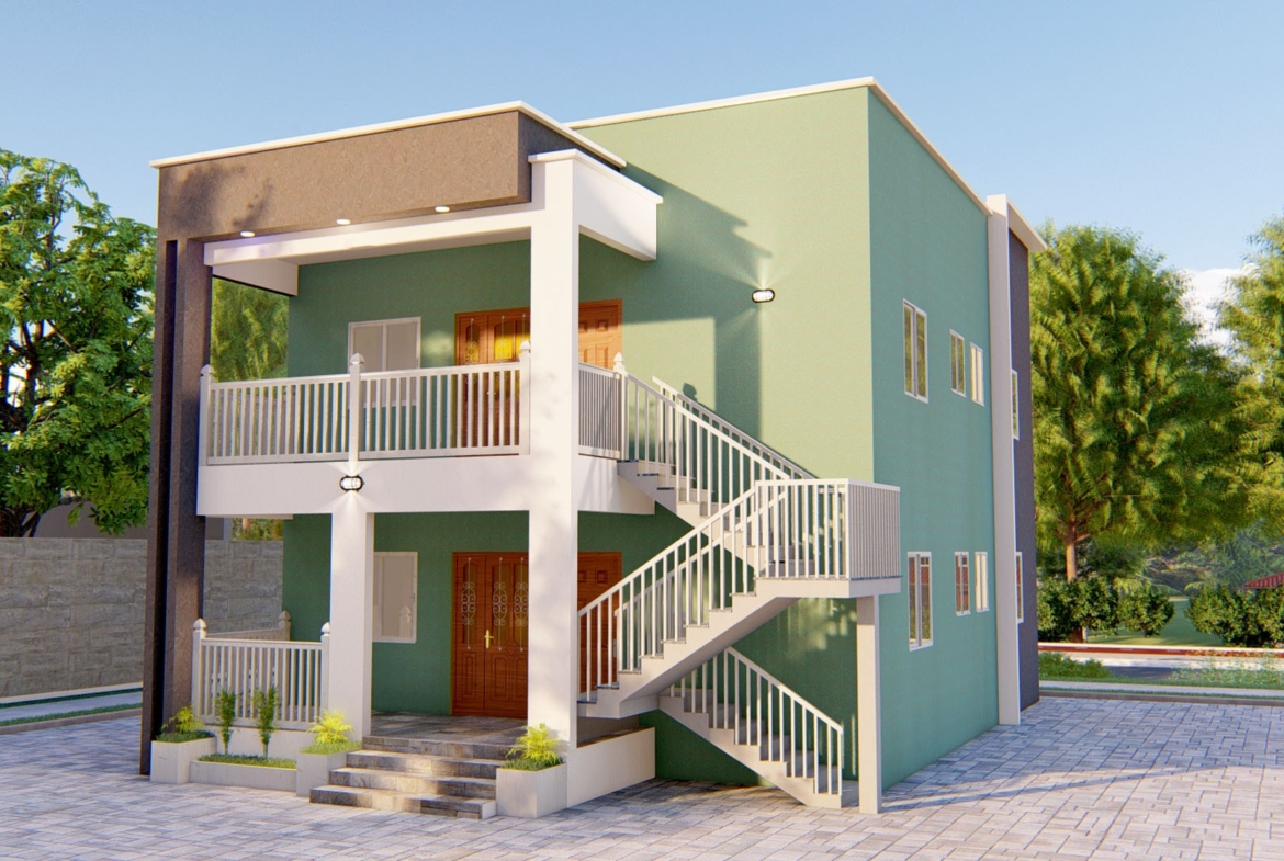 Exterior view of a simple 2 bedroom apartment house with stairs