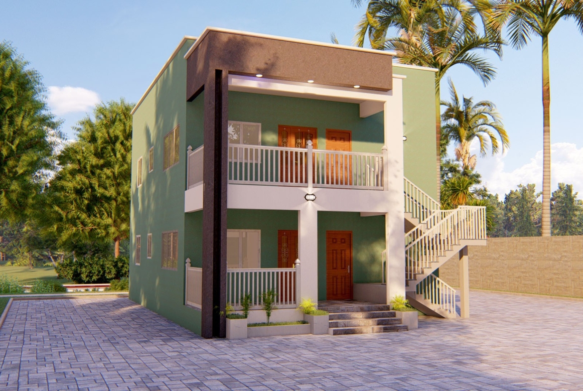 Simple 2 bedroom apartment house with green exterior and balcony