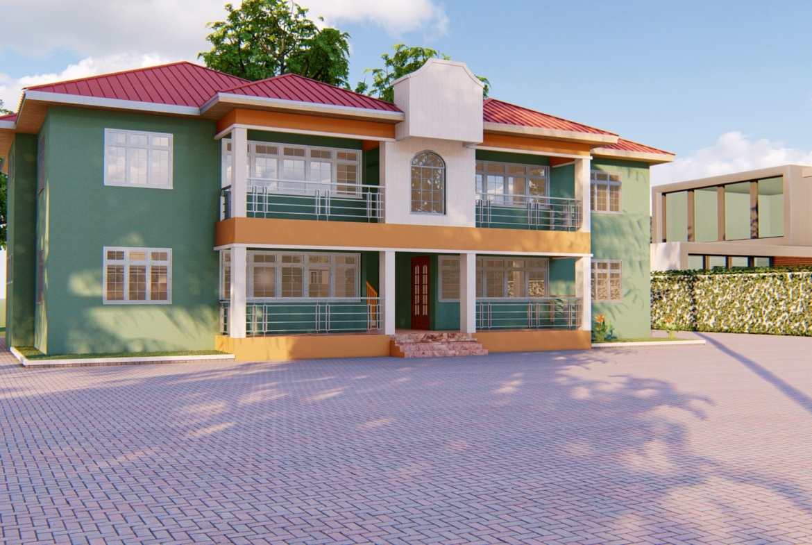 Exterior of a large rental apartment building with green facade and two-bedroom units