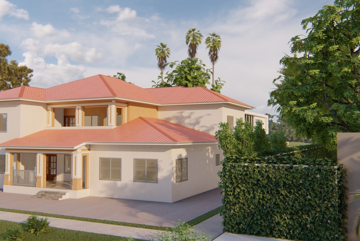 Large 7-bedroom residential home with red roof and lush surroundings