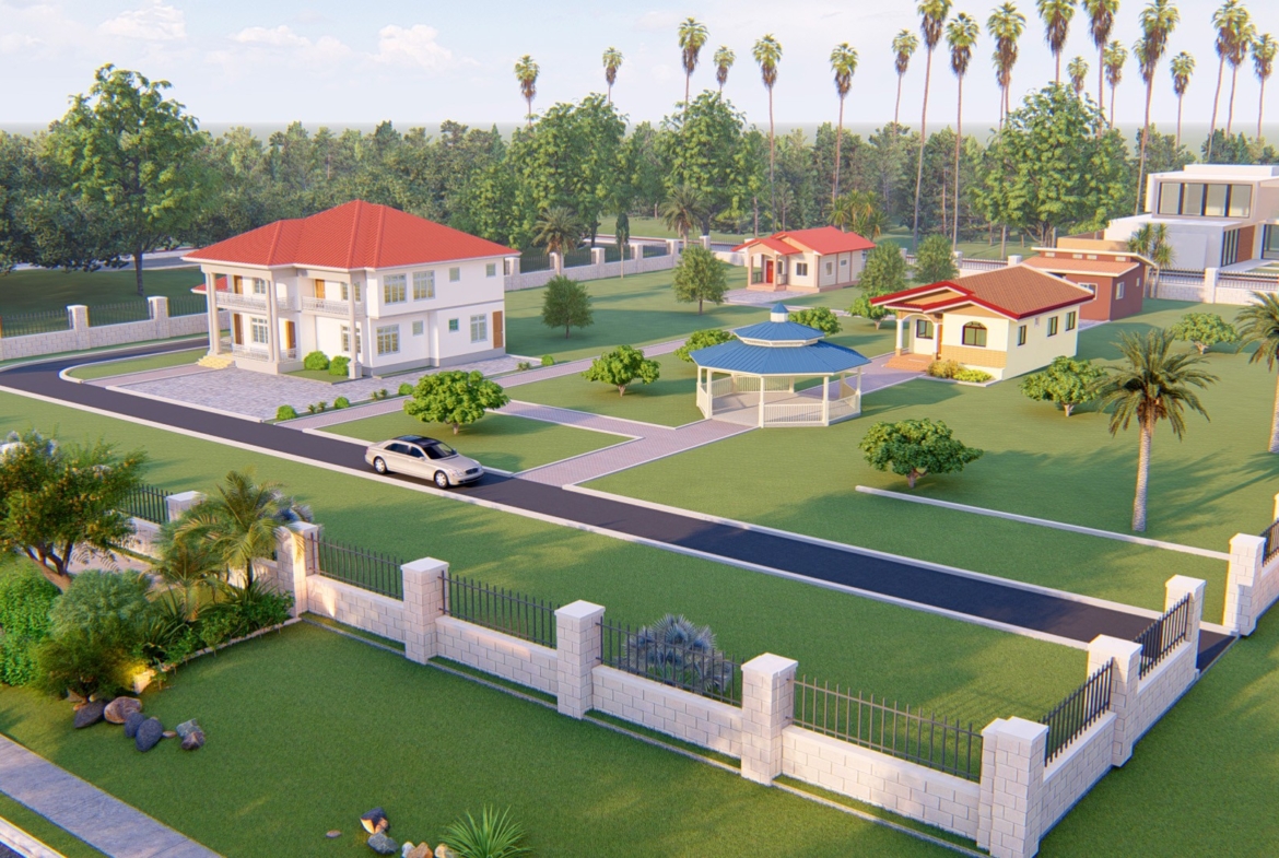 Spacious residential landscape design with a central road and manicured lawns
