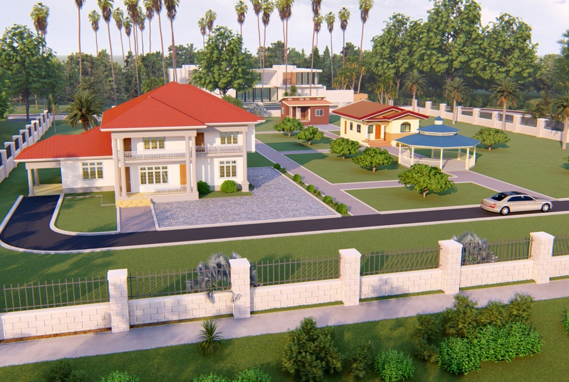 Residential landscape design featuring multiple houses and lush greenery