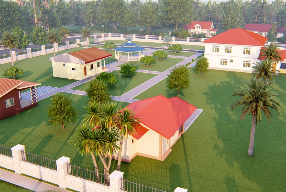 Residential landscape design featuring multiple houses, pathways, and greenery