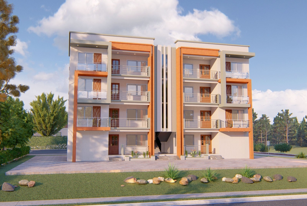 Modern apartment building design in Ghana featuring balconies and landscaped surroundings