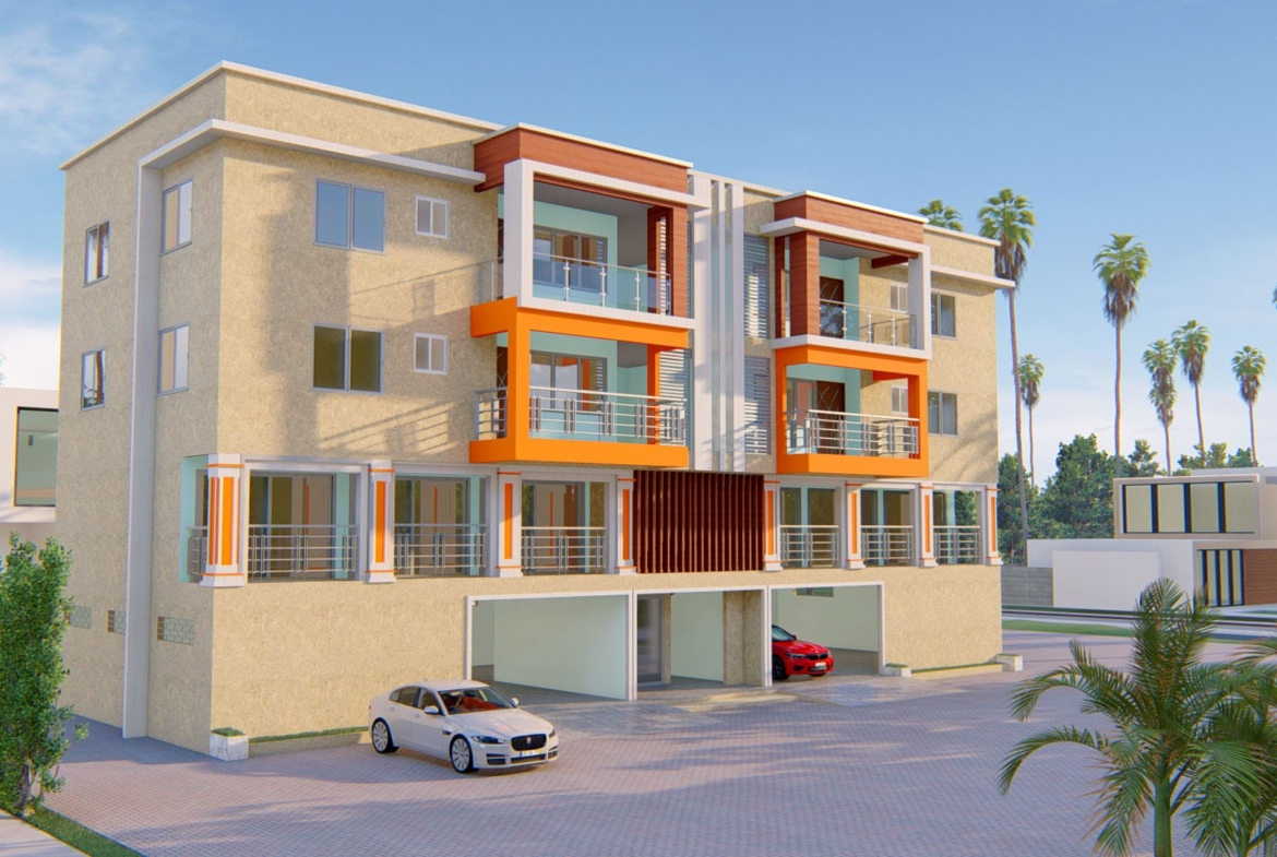 Modern apartment building with 2-bedroom units and nearby shop