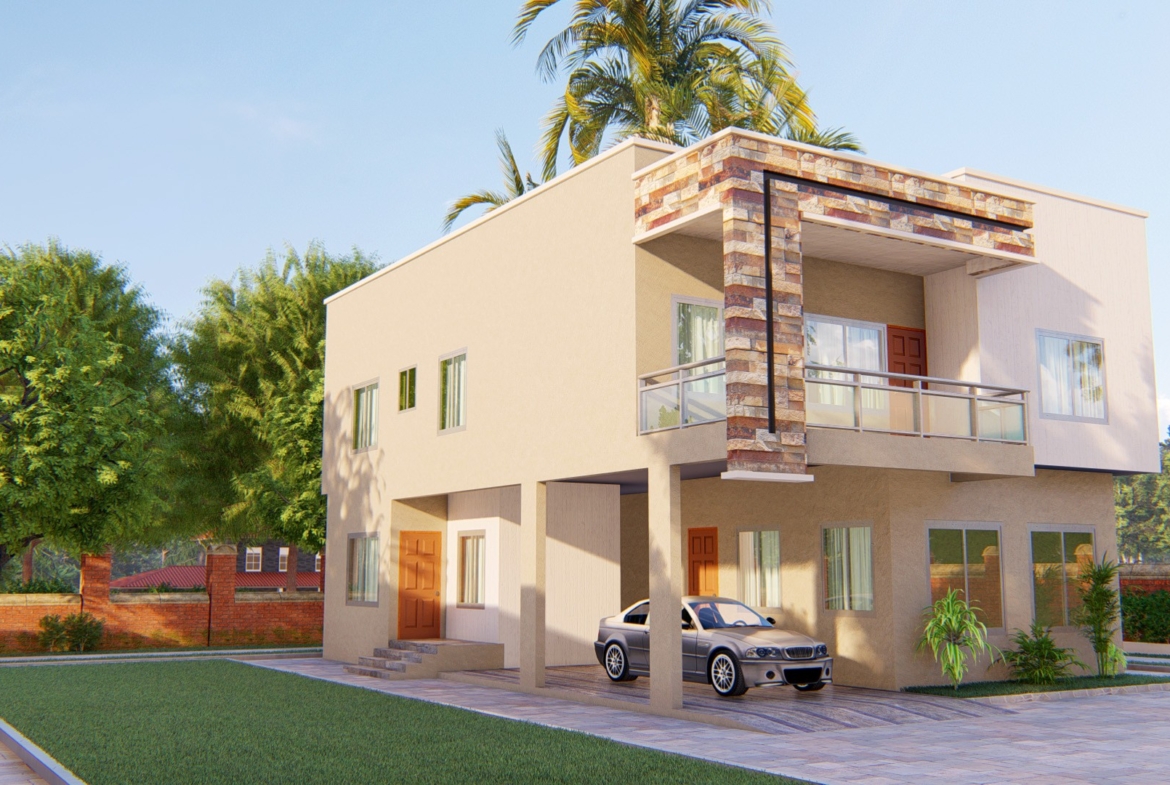 Modern two-bedroom apartment design with carport and lush surroundings