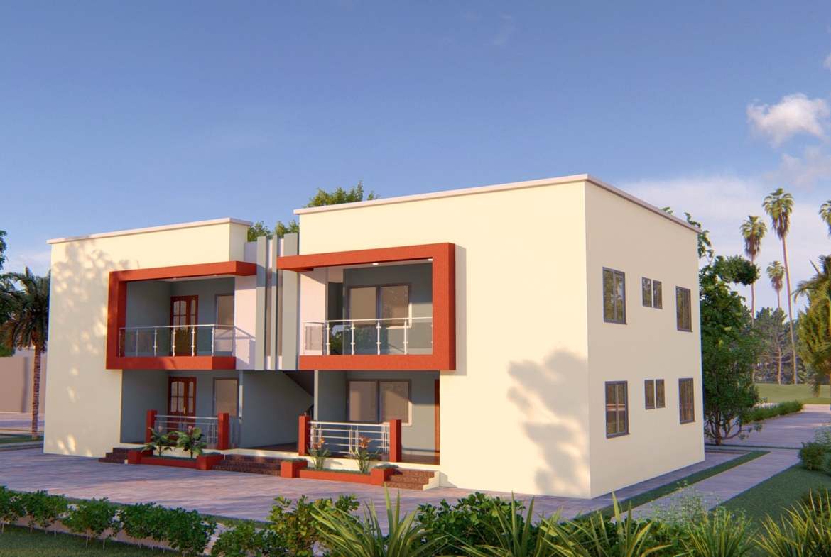 Modern smart 2 bedroom apartment building with balconies and landscaped surroundings