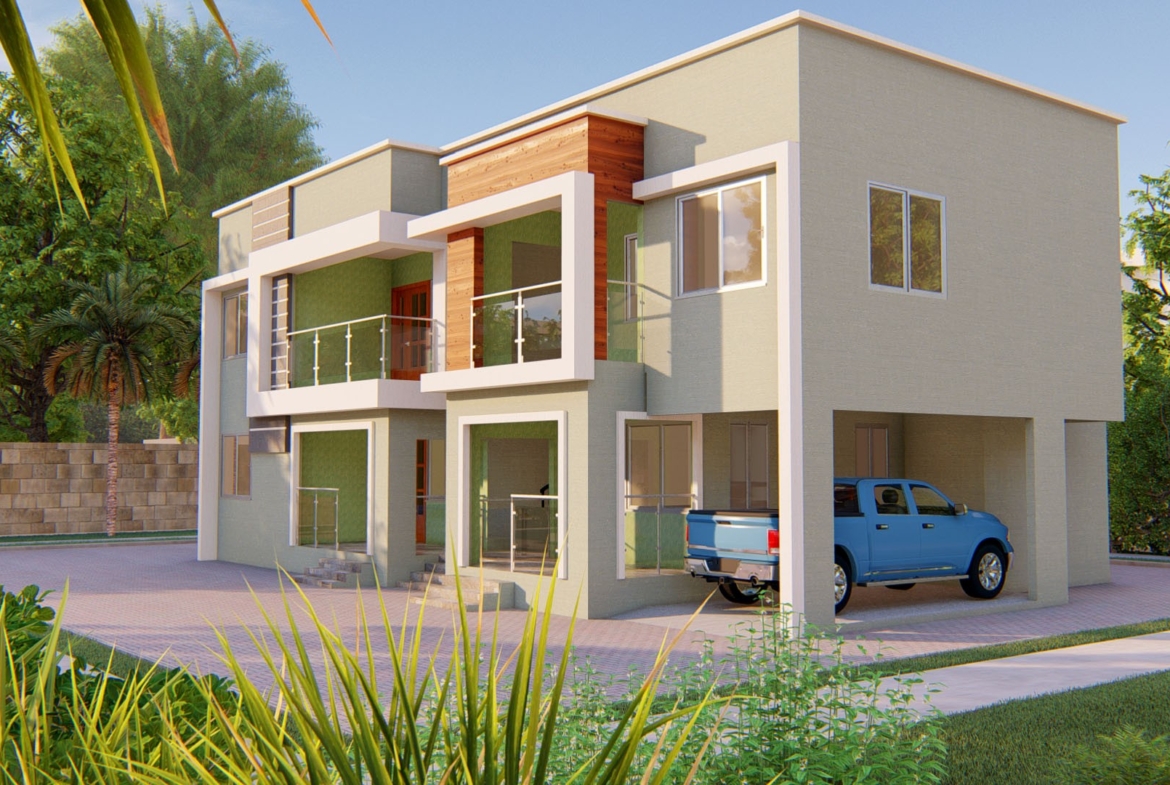 Modern 1-2 bedroom flat design with garage and greenery