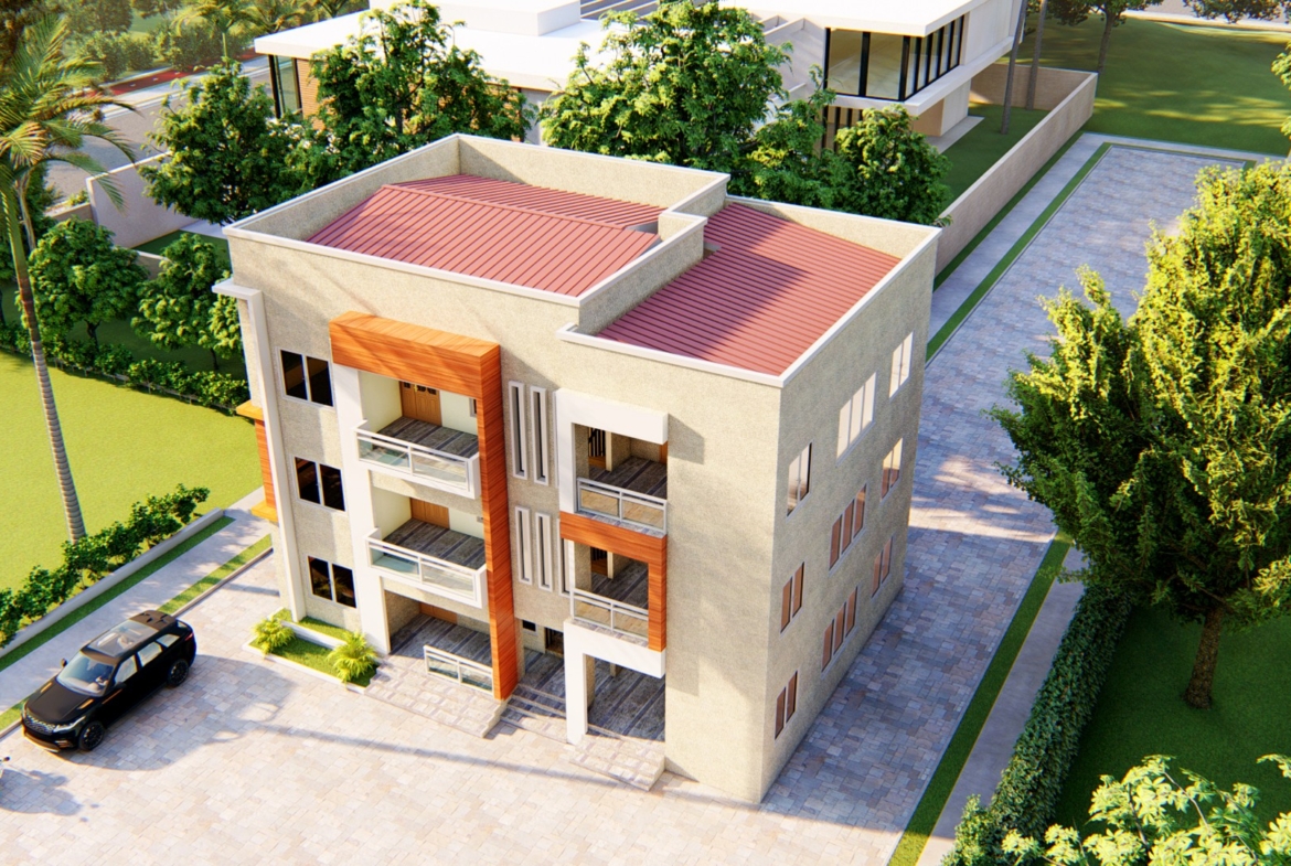 Exterior of a modern apartment building with 1, 2 bedroom design