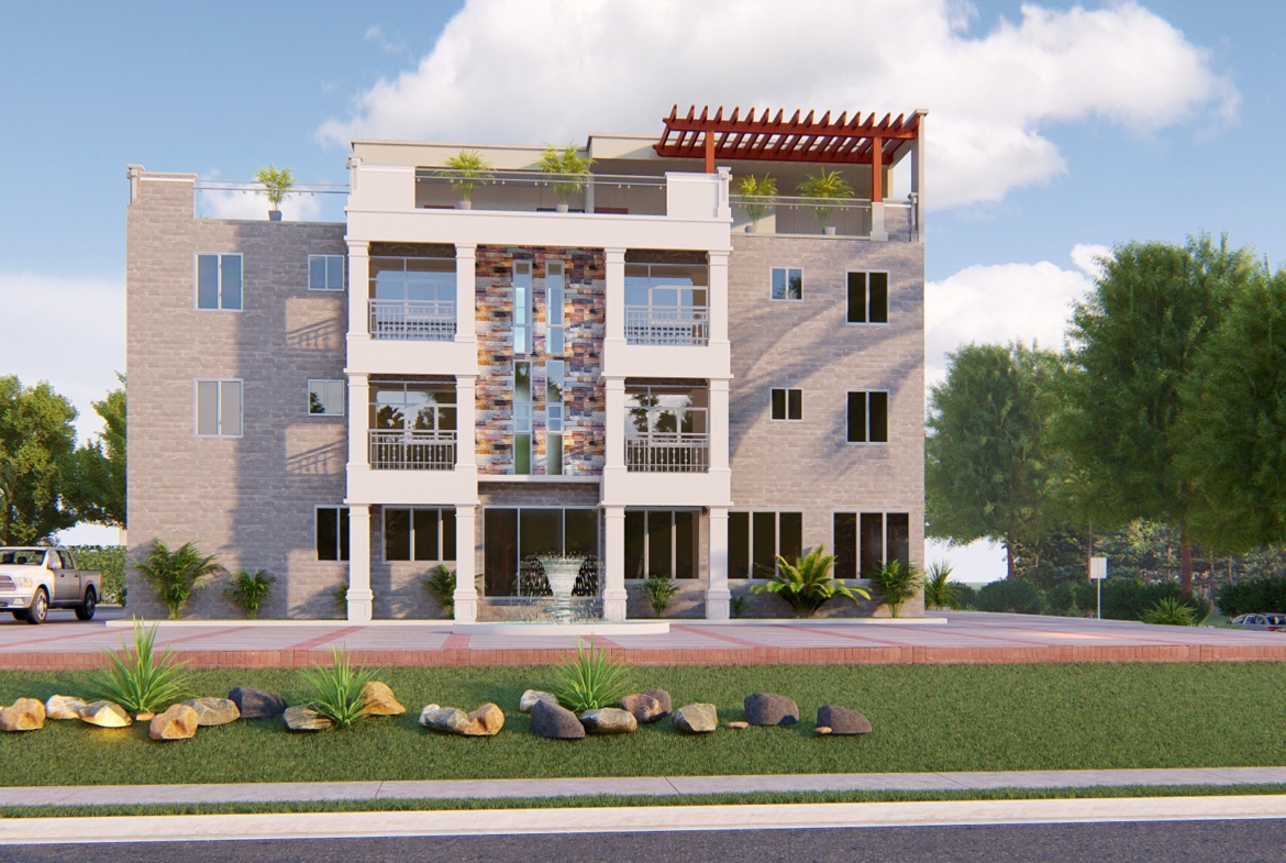 Modern hotel apartments design with contemporary facade and landscaped exterior