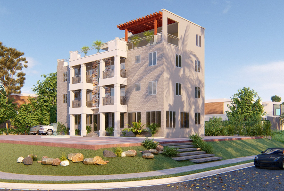 Modern hotel apartments design with a multi-story building in a lush setting