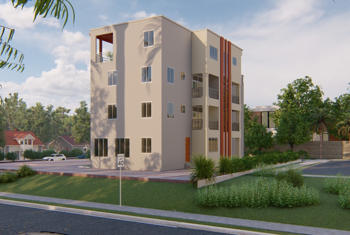 Modern hotel apartments design in a multi-story building surrounded by greenery