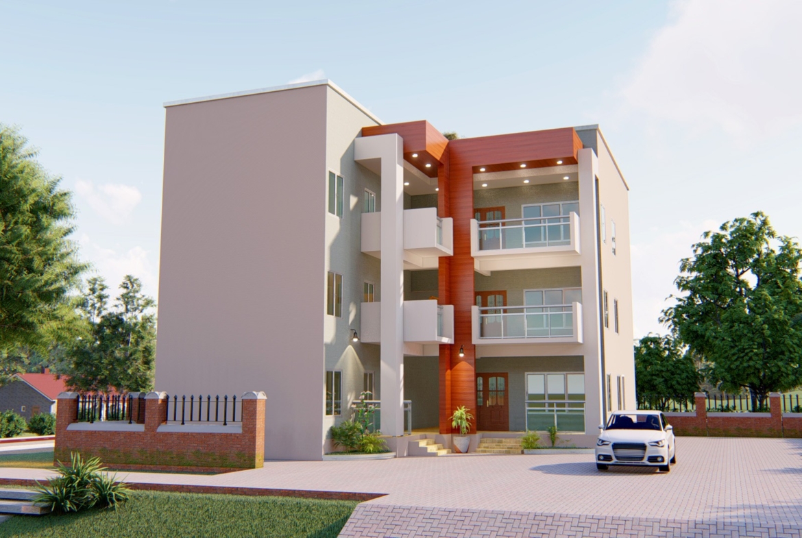 Modern 1-2 bedroom apartment building with sleek design and parking