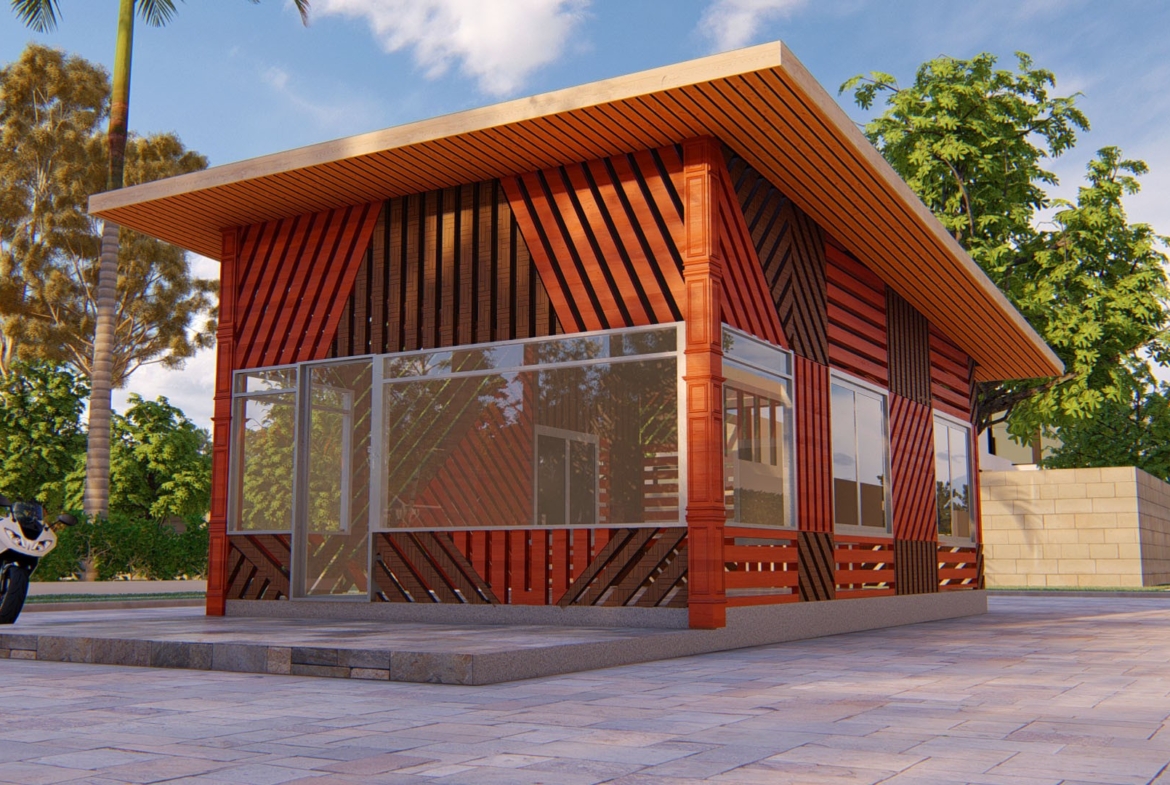Modern restaurant concept with wooden and glass design on a sunny day