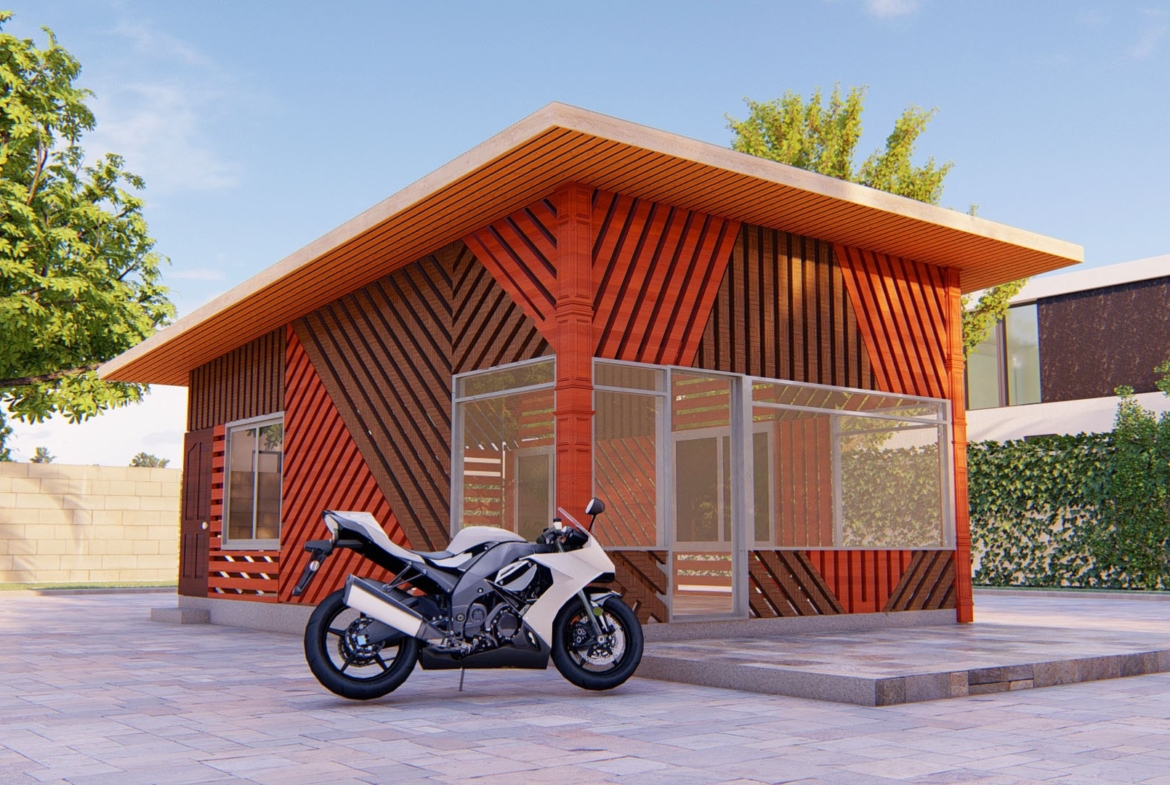 Modern restaurant concept with unique design and motorcycle in the foreground