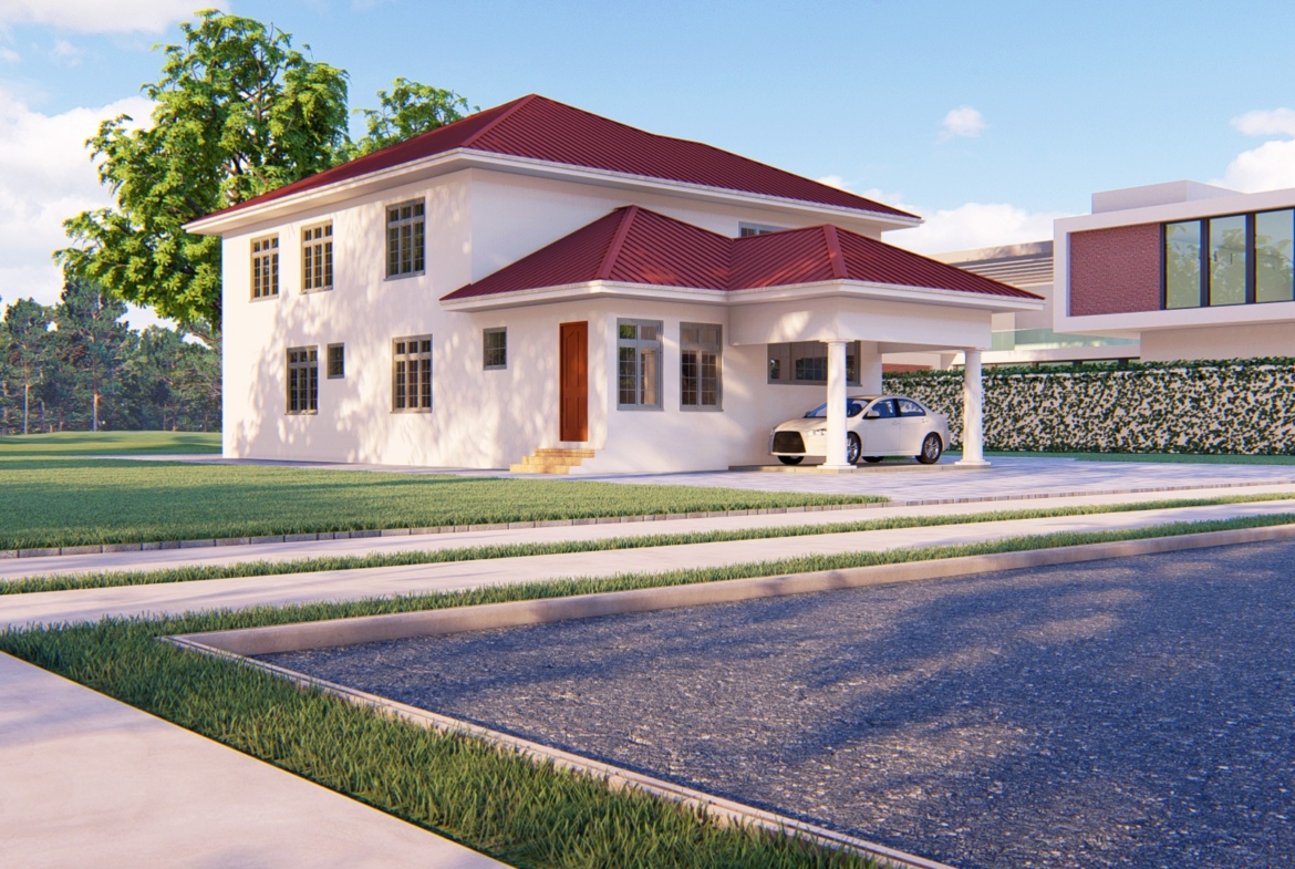 Modern house with red roofing design and garage