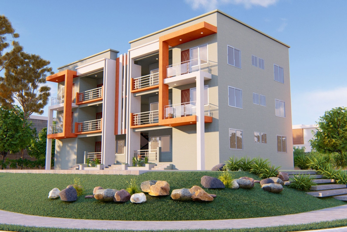 Modern 2-bedroom apartment building with balconies in a suburban area