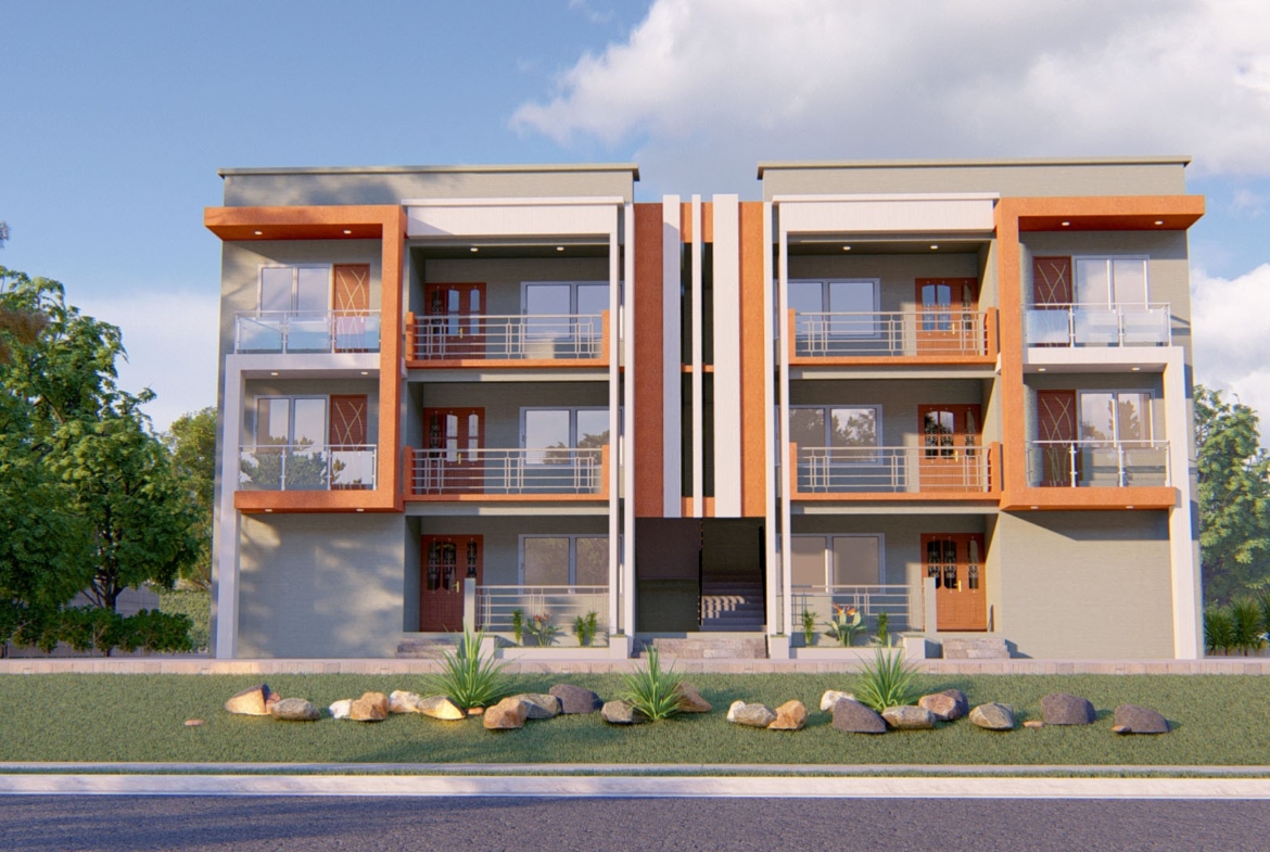 Modern 2-bedroom apartment building exterior with balconies