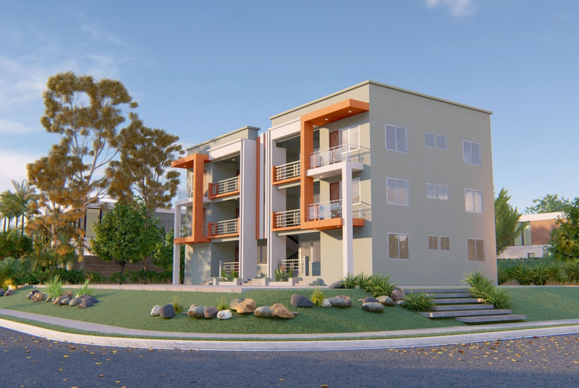 Modern 2-bedroom apartment complex with balconies and landscaping