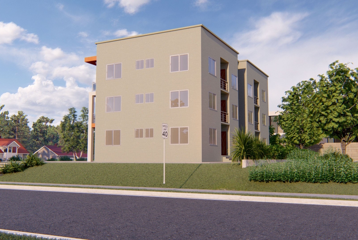 Modern 2-bedroom apartment building exterior view with a lawn and trees