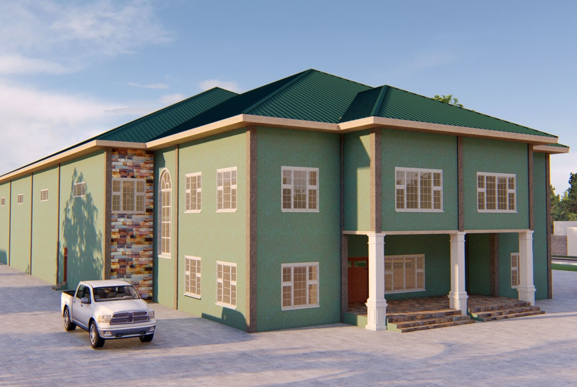 Modern warehouse design with green facade and industrial storage solutions