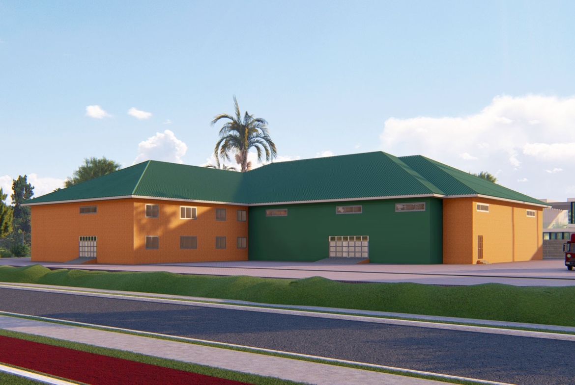 Modern warehouse building design with green roofs and spacious layout