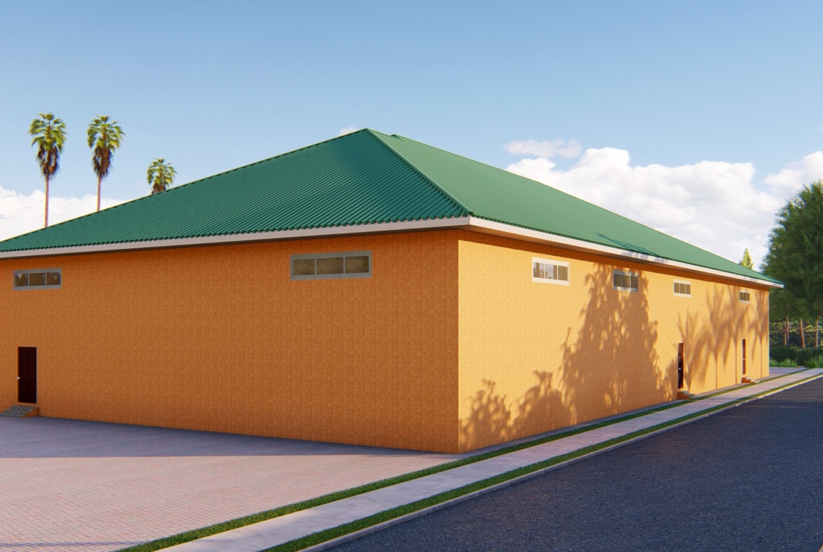 Modern warehouse building design with a spacious layout and green roof