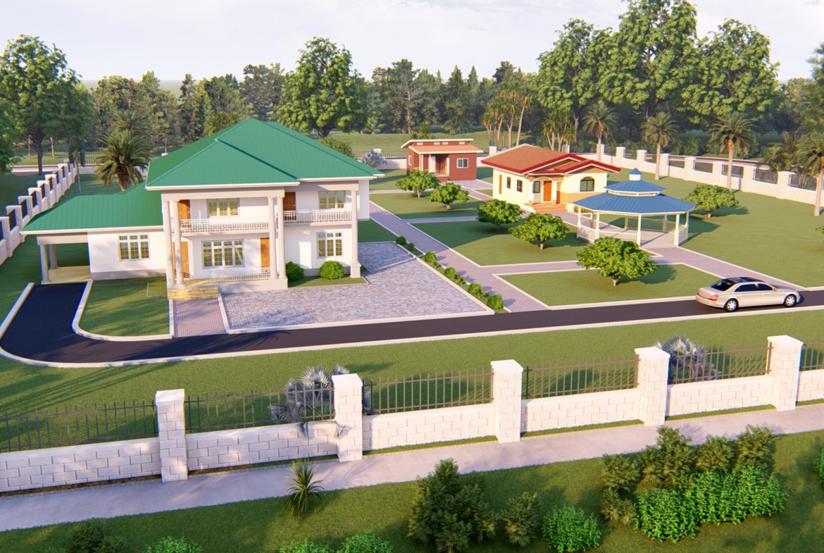 Residential landscape design featuring multiple houses and gardens in a suburban setting