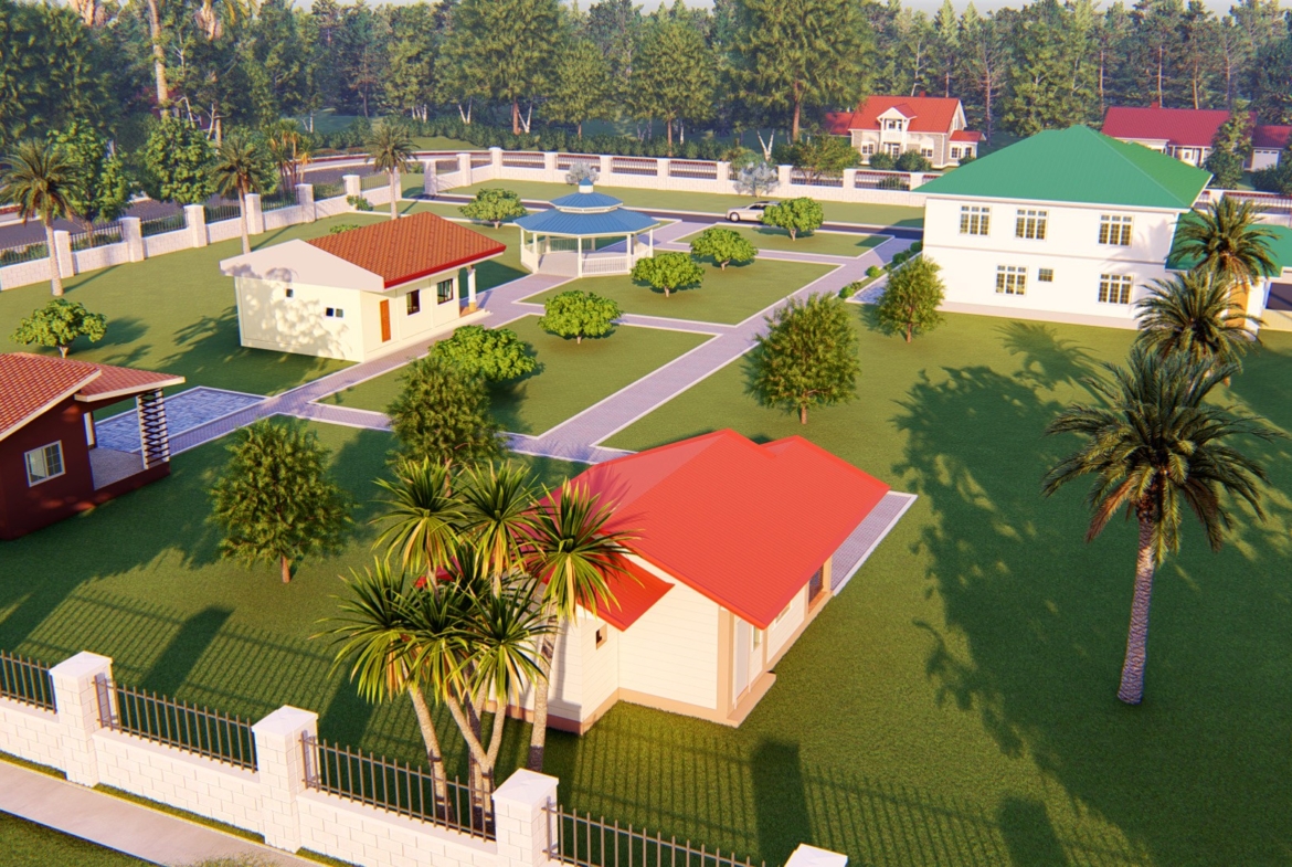 Residential landscape design featuring houses, trees, and pathways in a spacious yard