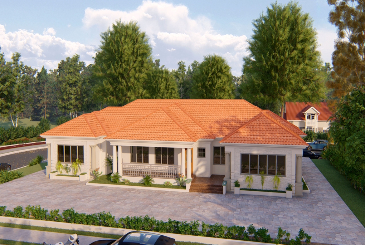 6 bedroom bungalow design with terracotta roof and landscaped surroundings
