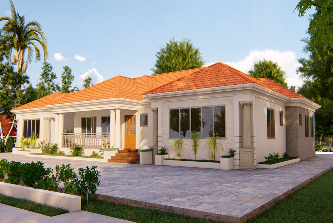 Modern 6 bedroom bungalow design with red roof and spacious yard