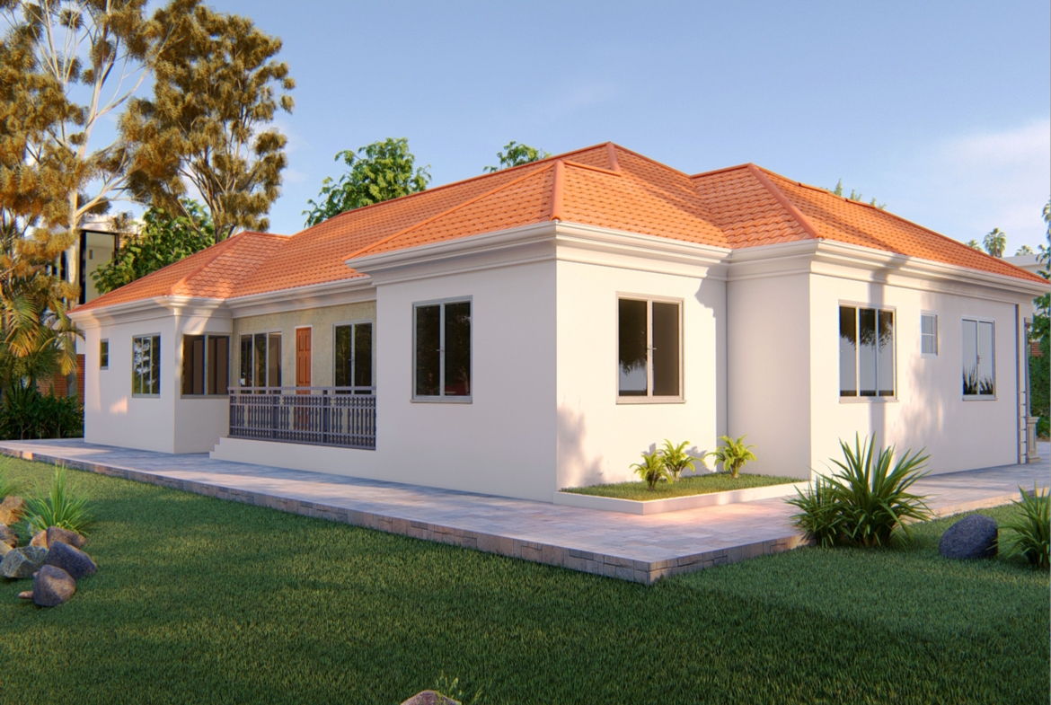 6 bedroom bungalow design with a red tiled roof and landscaped surroundings