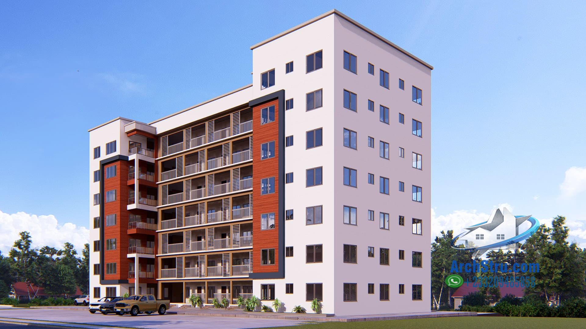 Modern apartment building with sleek design and spacious layout