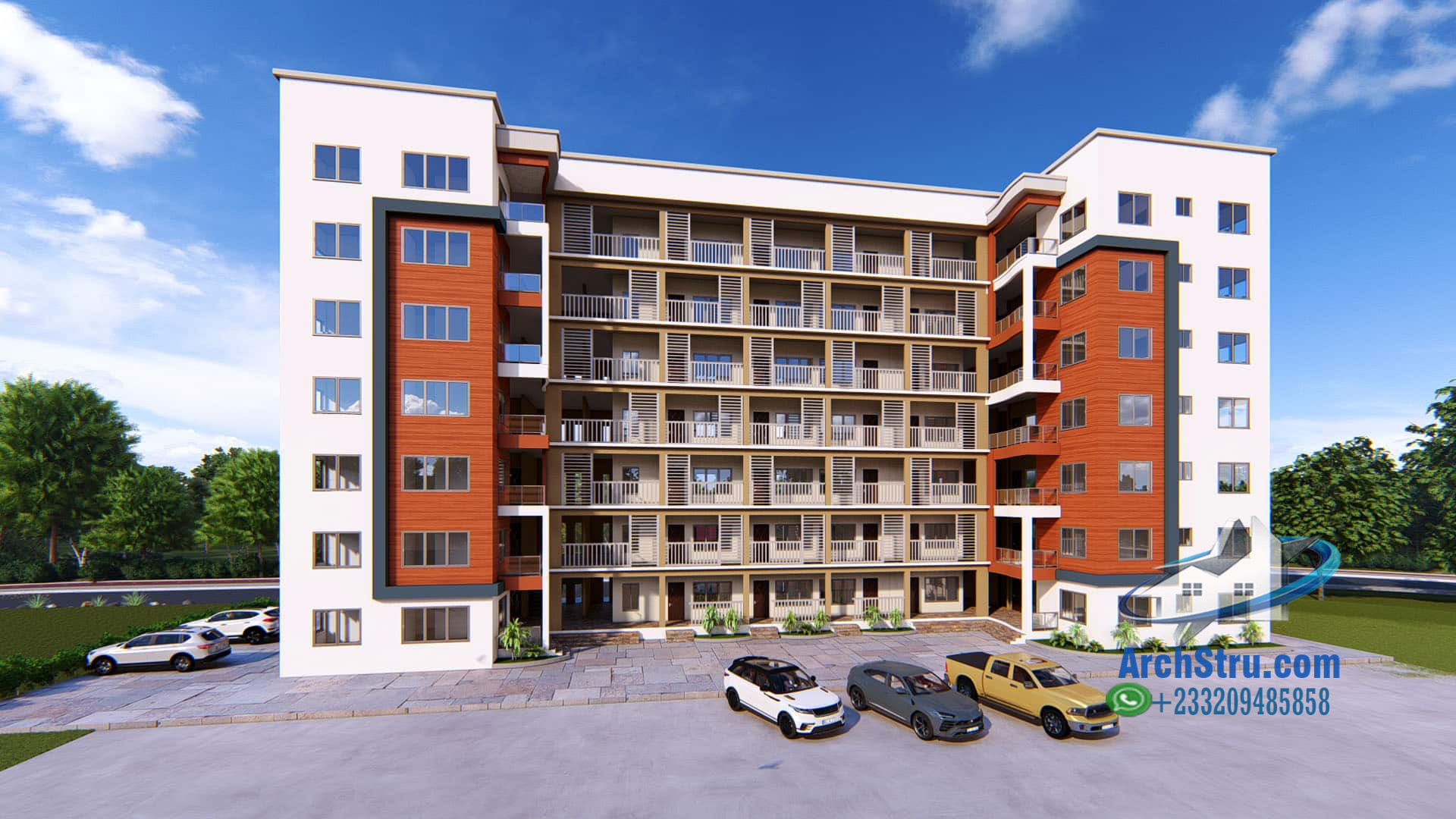 Contemporary multi-story building with modern design features