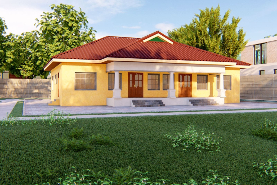 2-bedroom semi-detached bungalow with red roof