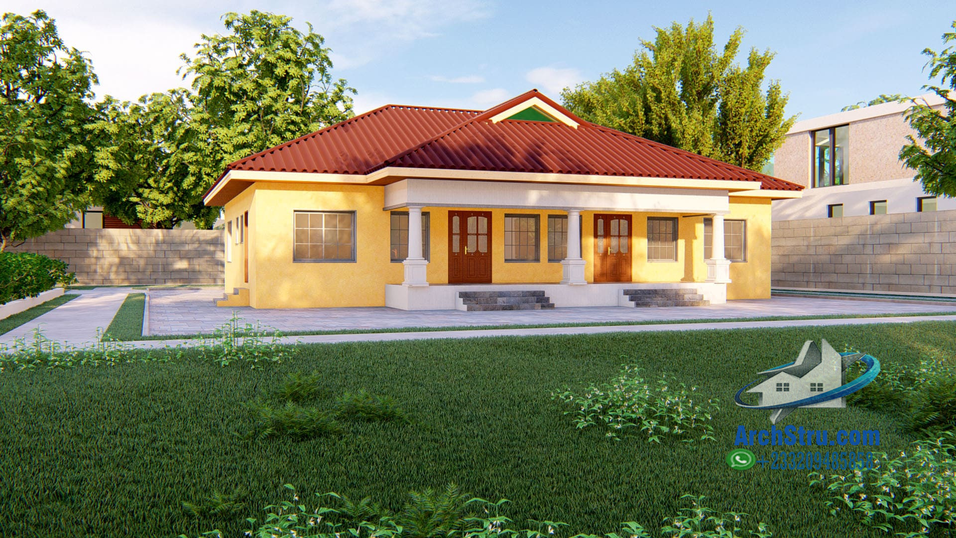 2-bedroom semi-detached bungalow with red roof
