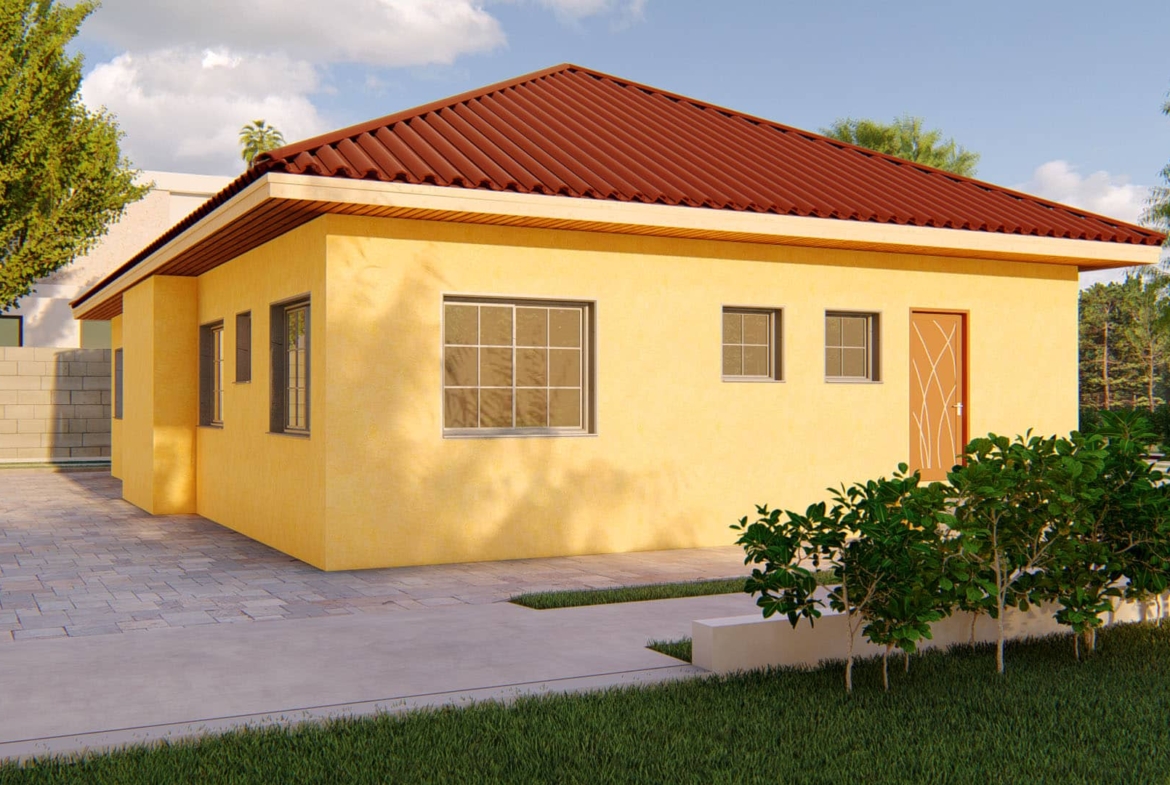 Two-bedroom semi-detached bungalow with yellow exterior and red roof