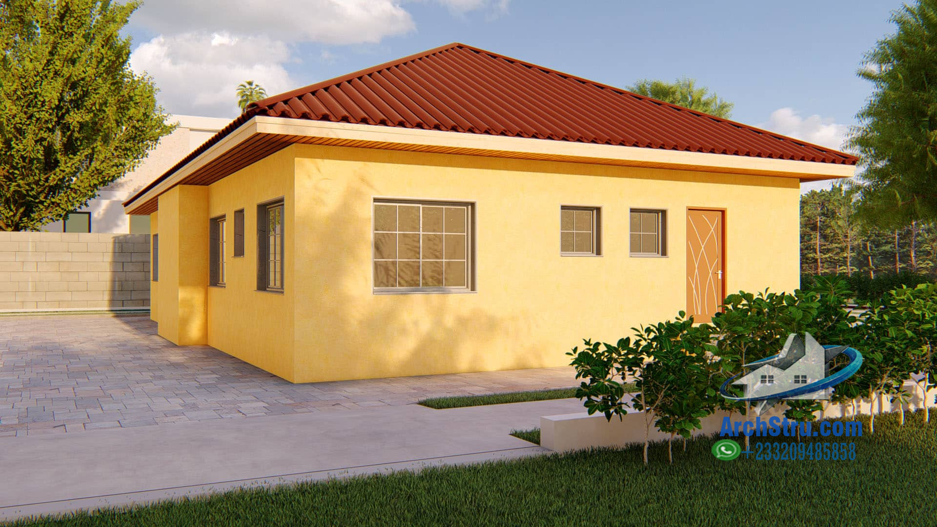 Two-bedroom semi-detached bungalow with yellow exterior and red roof