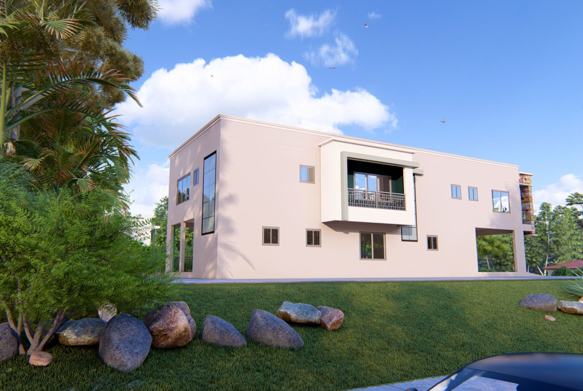 two storey apartment building with landscaped surroundings