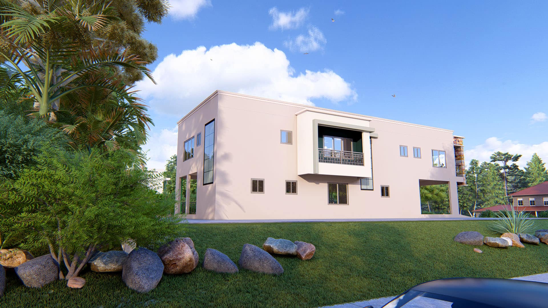two storey apartment building with landscaped surroundings