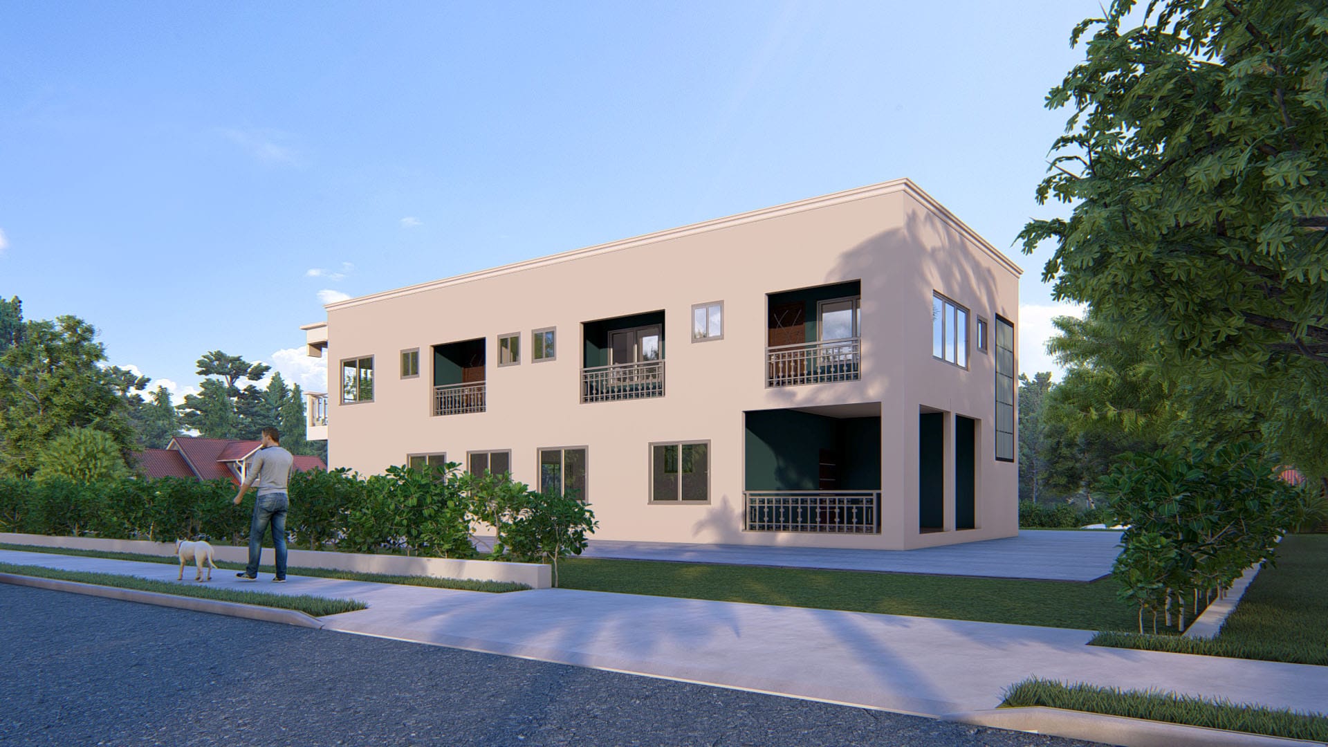 modern two storey apartment with parking area