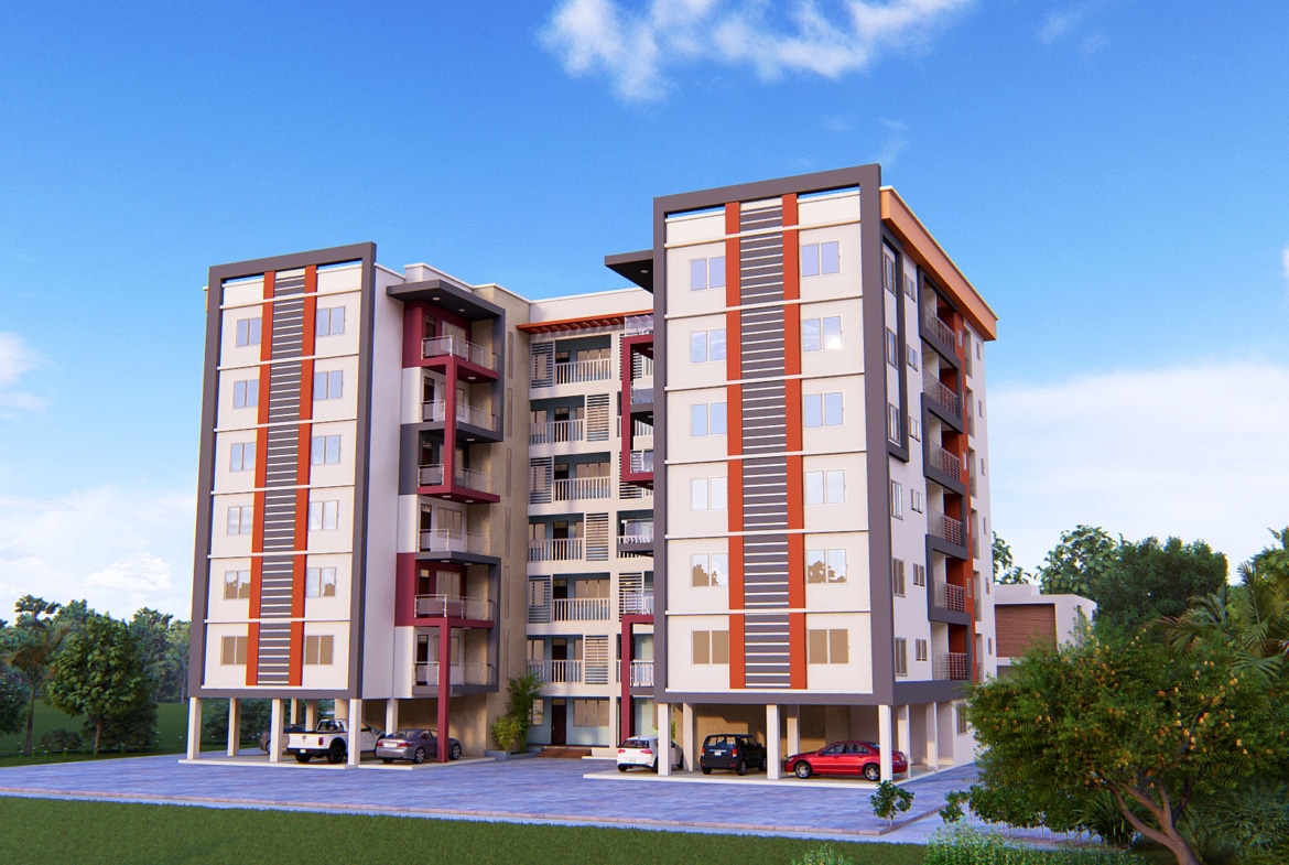 Modern 6-storey multi-storey apartment design with parking and greenery