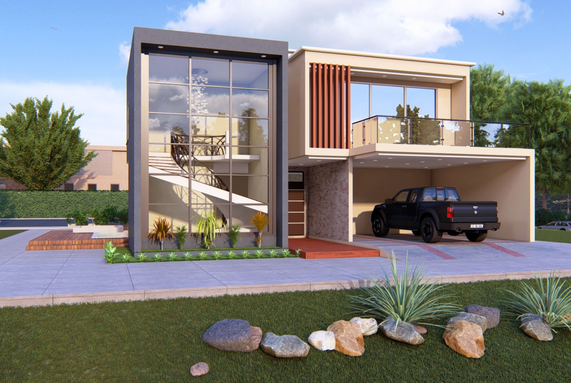 Modern home design by architecture company in Ghana with glass facade and landscaping