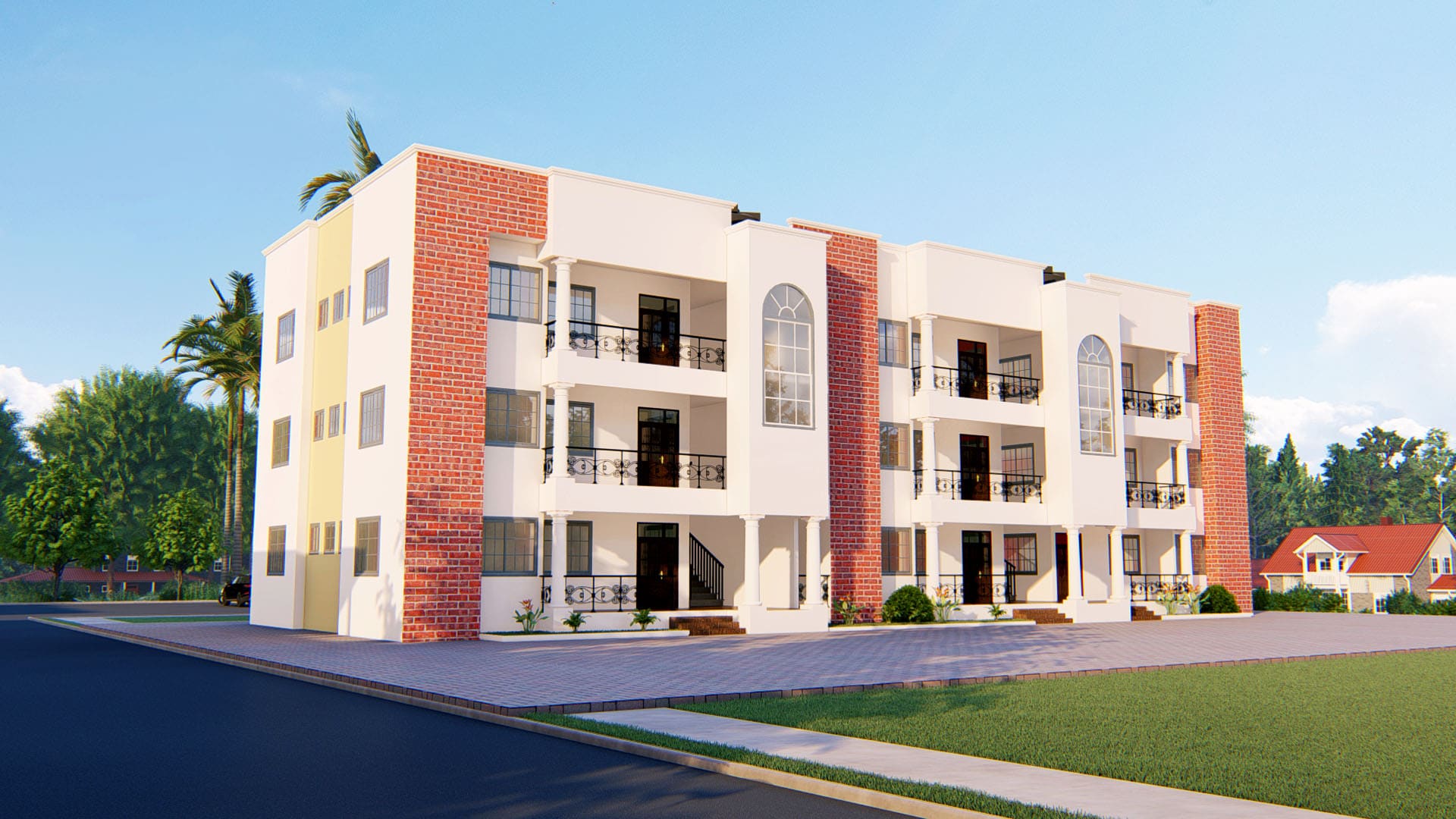 three storey apartment with balconies exterior view